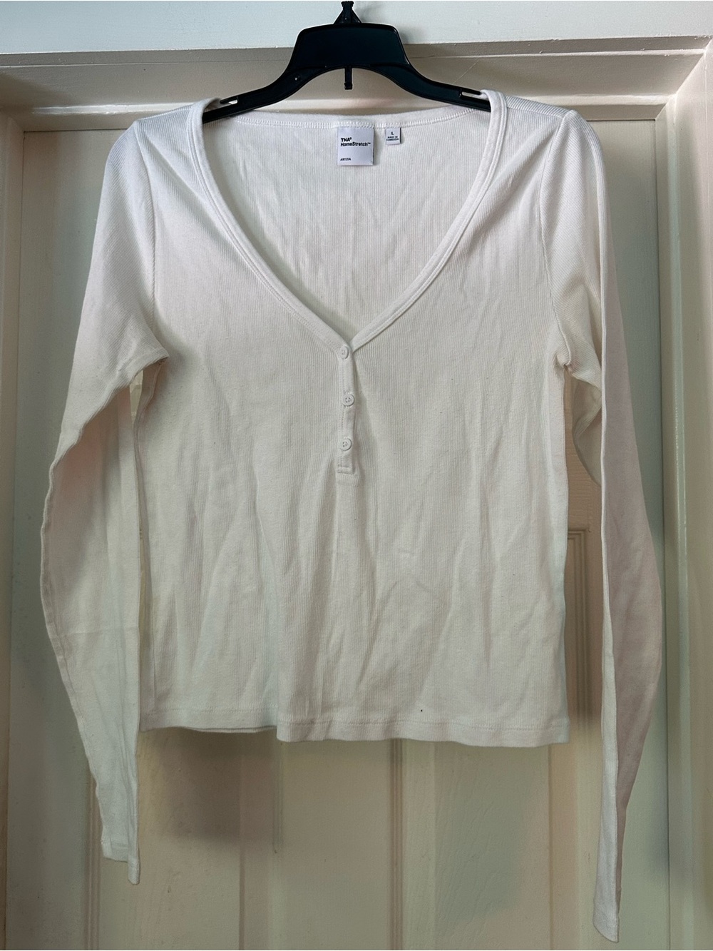 TNA White Long Sleeve V-Neck Henley Top